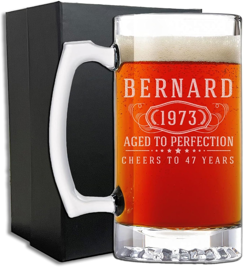 Personalized Etched 25oz Glass Beer Mug for Men - Father's Day, Monogram, Customized Name, Custom Beer Gifts for Men, Birthday gifts for HIm, Engraved Stein, Regalos Personalizados, Bernard