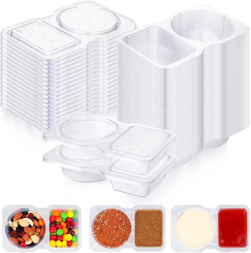 50 Pack Double Compartment Condiment Containers with Lids, Disposable 2 Compartment Snack Containers, Small Plastic to go Cups for Sauce Dressing Dip, Reusable Mini Snack Pack Container, 60+70ml