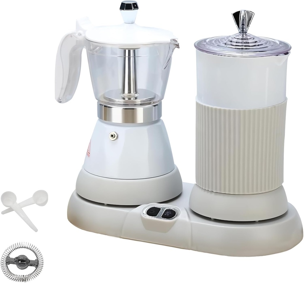 Espresso Maker with Milk Frother Electric Moka Pot 2-in-1 Espress Machine Aluminium One-Touch Operation Milk Froth Fine and Dense White 110V