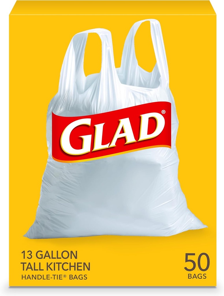 Glad Tall Kitchen Trash Bags 13 Gallon, Unscented Garbage Bags, Handle-Tie, 50 Count