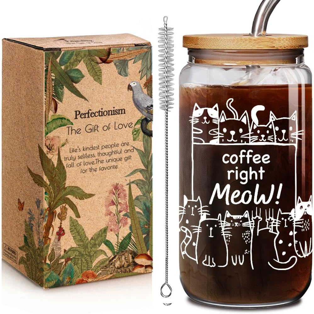 Coffee Right Meow Glass Cup Gifts for Cat Lovers Women Cats Mom, Birthday Mother Gifts for Cats Mom, Cat Lover Gift for Friends Family Bestie Best Friend, Cute 16oz Glass Can with Lids and Straws
