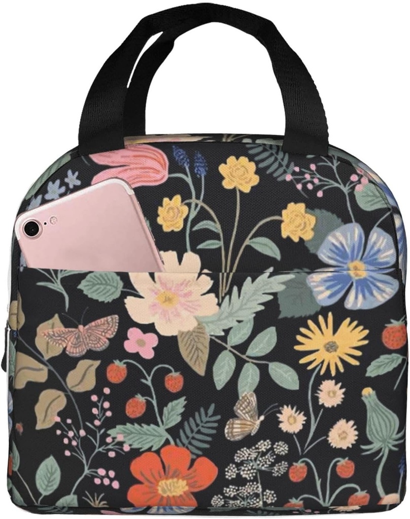 MOLIAN Flowers And Strawberries Lunch Bag For Teen Girls Women, Oxford Cloth Reusable Lunch Tote Box Bag For Work School