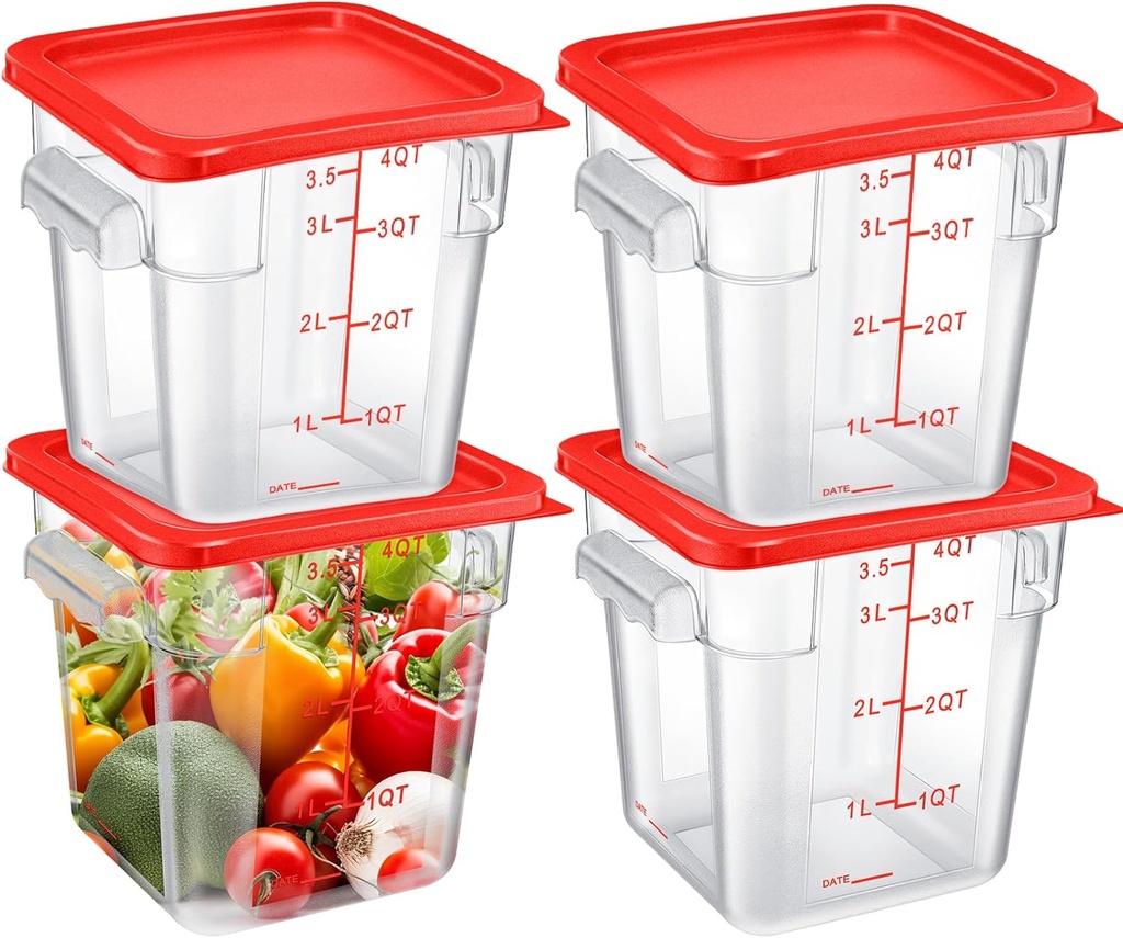 Maxcheck 4 Pcs 4qt Food Storage Container with Lids Bulk Clear Commercial Food Storage Bins with Scale Handle Space Saving Restaurant Tubs for Kitchen Prep Proof Dough Marinating Meat(Red)