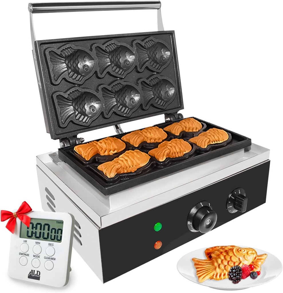 GorillaRock Taiyaki Fish Waffle Maker | Fish Shaped Waffle Machine | Stainless Steel Mini Taiyaki Maker with Nonstick Baking Molds | 6 Small Fish Shaped Waffles | 110V | 1.5kW