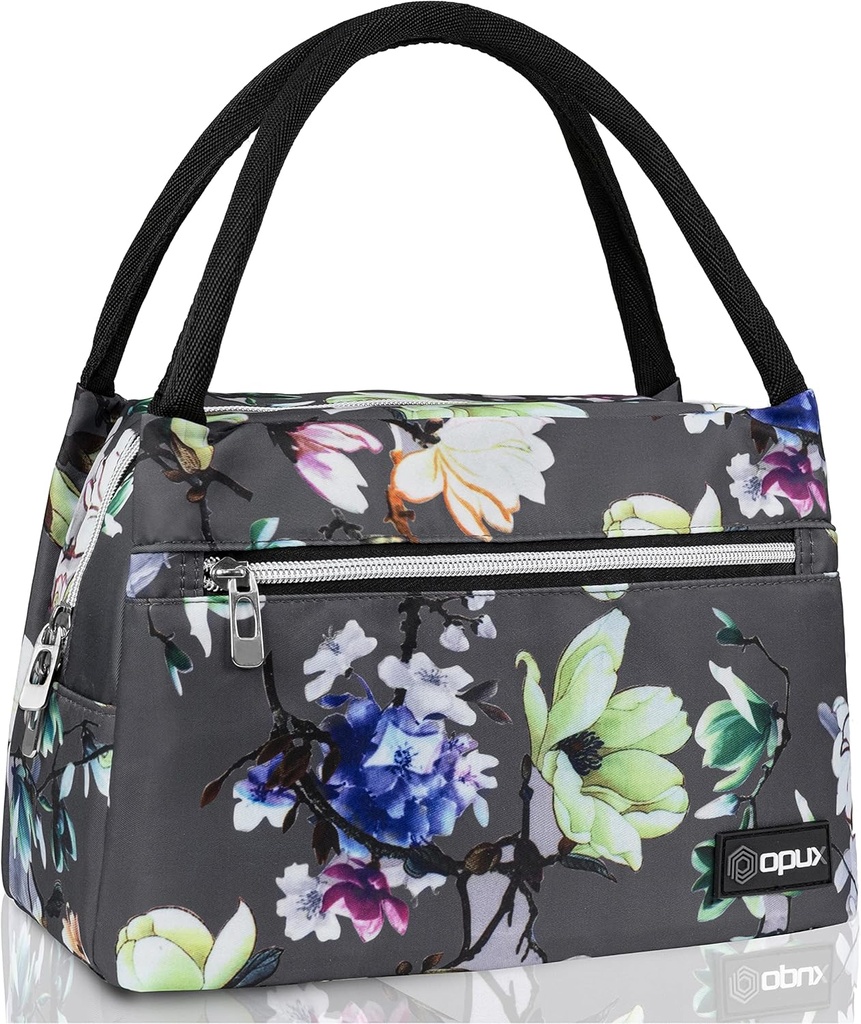 opux Lunch Bag for Women, Insulated Lunch Box Tote for Girls Work Adult School, Small Reusable Cooler Bag Lunch Container Food Tote for Travel Picnic, Fits 11 Cans, Floral Gray