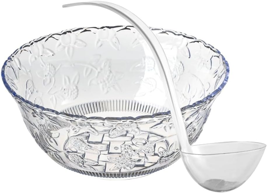 S.G Premium Quality Plastic Punch Bowl with Ladle - 2 Gallon Punch Bowl with Ladle - Embroidered Design 8 Quart large Serving Bowl with 5 oz Plastic Serving Ladle/Spoon for Parties, Holidays, and more