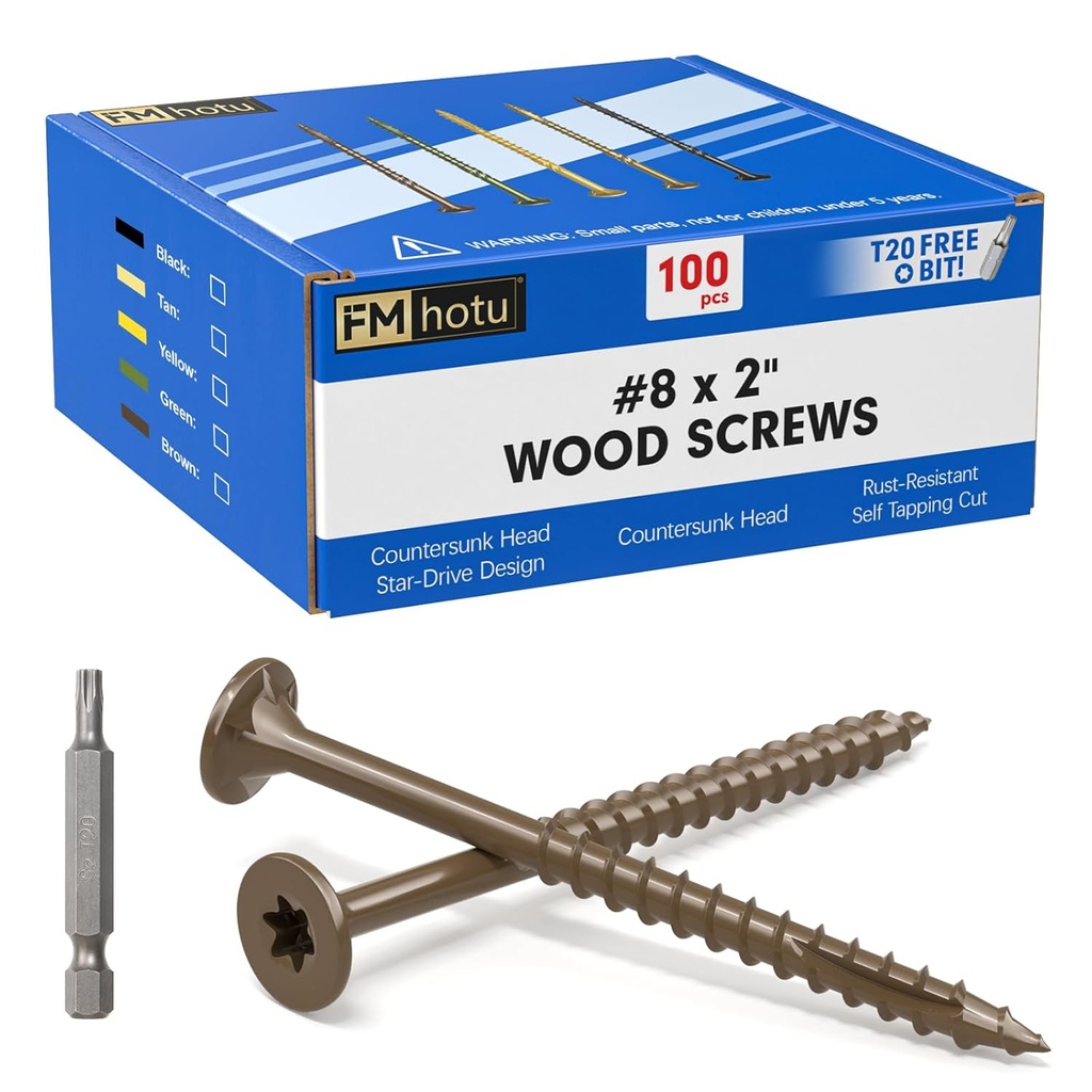 #8 x 2” Deck Screws, 100Pcs Star Drive Wood Screws, Rust Resistant Timber Screws for Timber/Log/Landscaping Wood, T20 Star Bit Included, Brown