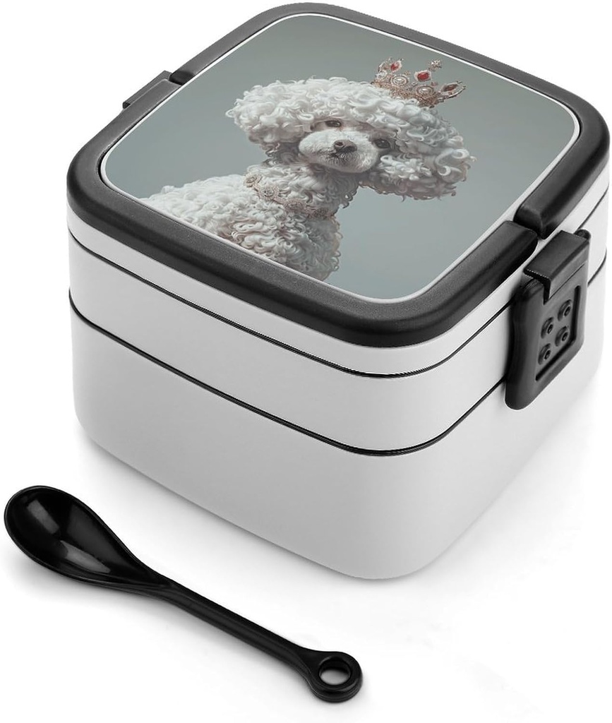 Adult Double-Layer Bento Box White Toy Poodle Portable Lunch Box with Spoon And Invisible Handle Leakproof Microwave-Safe Food Container for Work Travel Camping
