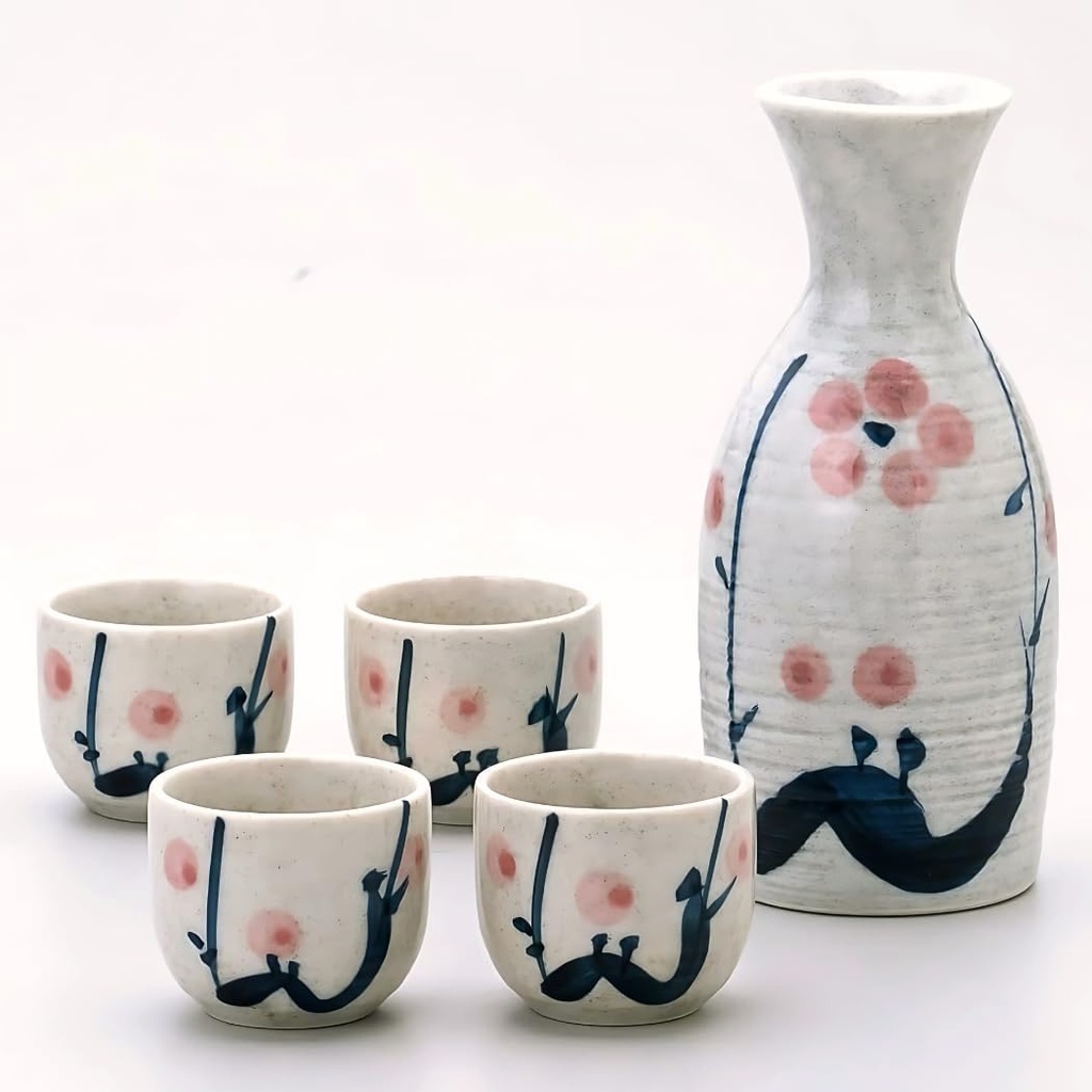 JapanBargain 4979, Japanese Porcelain Plum Sake Set Sake Carafe Bottle Sake Cups for Serving Hot Sake and Cold Sake, Made in Japan, White, 8.5 oz