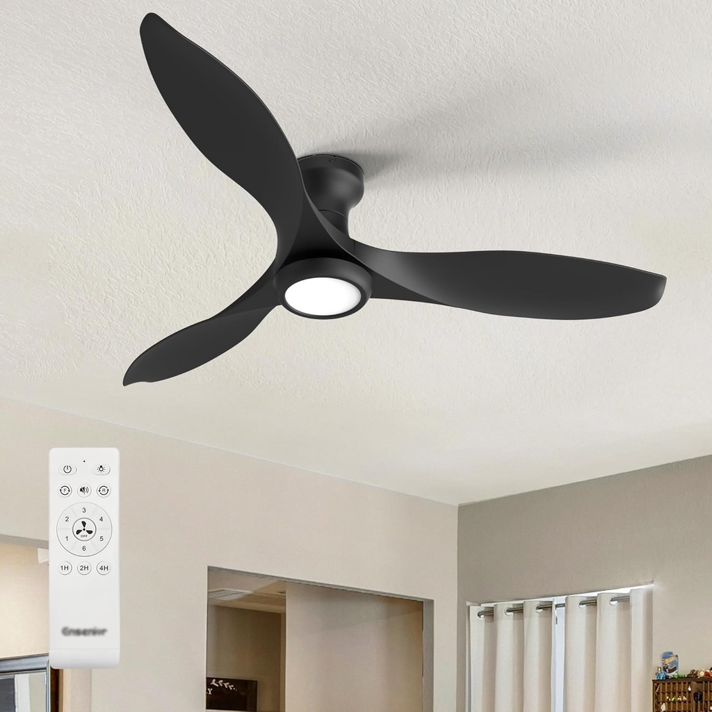 Ensenior 52 Inch Ceiling Fans with lights Remote Control, Flush Mount Low Profile Ceiling Fan with Light, Reversible DC Motor 3 Colors and 6 Speeds, Black Ceiling Fan for Bedroom, Living Room, Kitchen