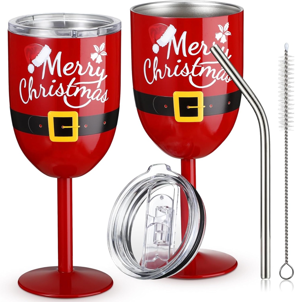 2 Pcs 10oz Christmas Stainless Steel Wine Glasses Cups with Lids Santa Belt Double Wall Insulated Unbreakable Goblets Insulated for Christmas Holiday Wedding Home Party Gift Supplies