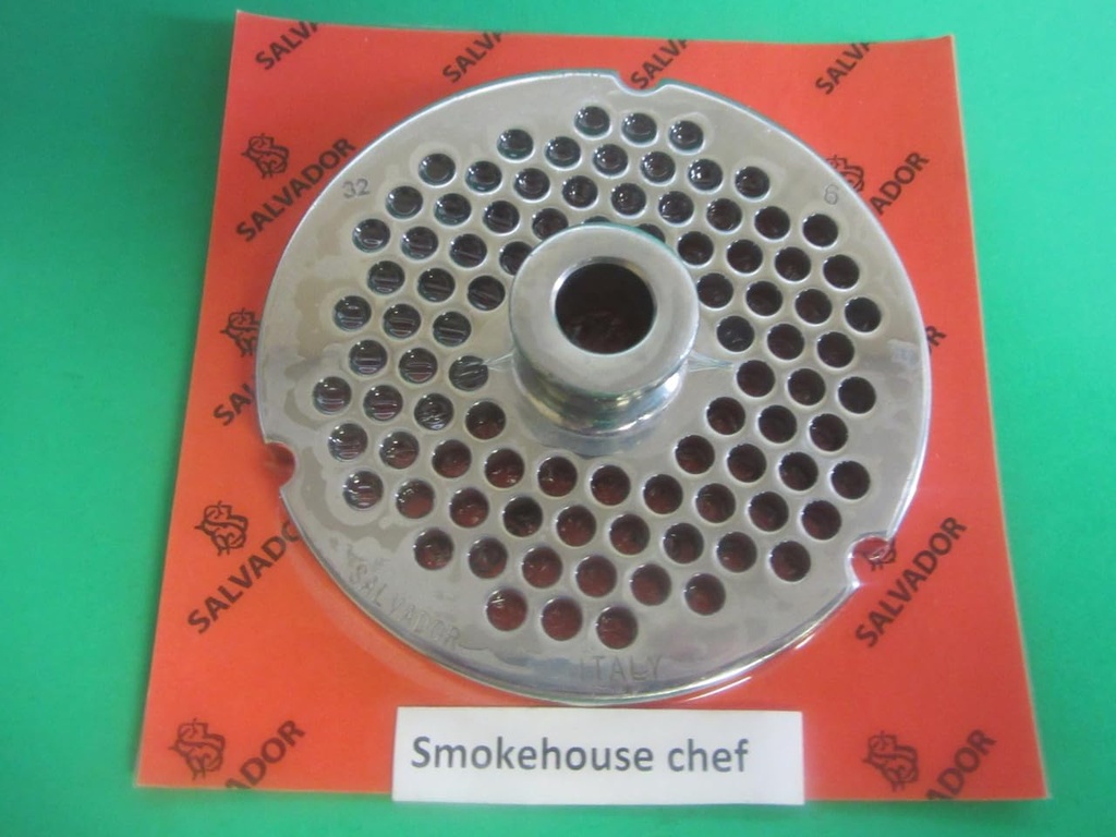 Size #32 larger burger GRIND 1/4" holes. (6mm holes) WITH HUB meat grinder disc plate Hobart Cabelas LEM. FINE GRIND holes for bologna, hot dogs etc Stainless steel.