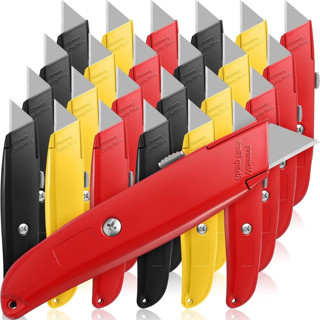 Reginary 30 Pcs Box Cutter Bulk Retractable Blade Utility Knife Heavy Duty Aluminum Alloy Razor Shell Knife for Cartons, Cardboard and Boxes, DIY, Factory, Home(Black, Yellow, Red)