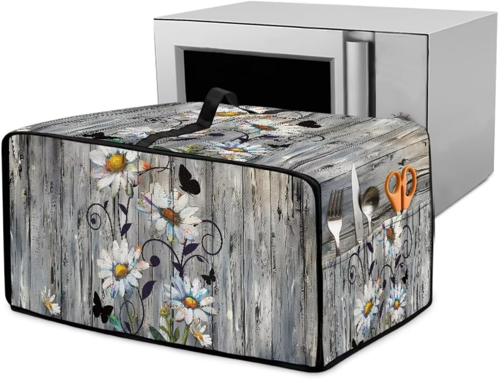 Wooden Board Daisy Butterfly Print Toaster Oven Cover for Kitchen Counter, Dust-proof Heavy Duty Microwave Oven Cover, Fit Most Small Appliances (Medium-16.1 * 19.71 * 10 inches)