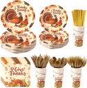 192 PCS Thanksgiving Party Supplies Disposable Plates, 24 Paper Plates,Cups,Straws,Napkins,Knives,Forks and Spoons Dinnerware Sets for 24 Guests with Safe Food Oil Printed Turkey Design