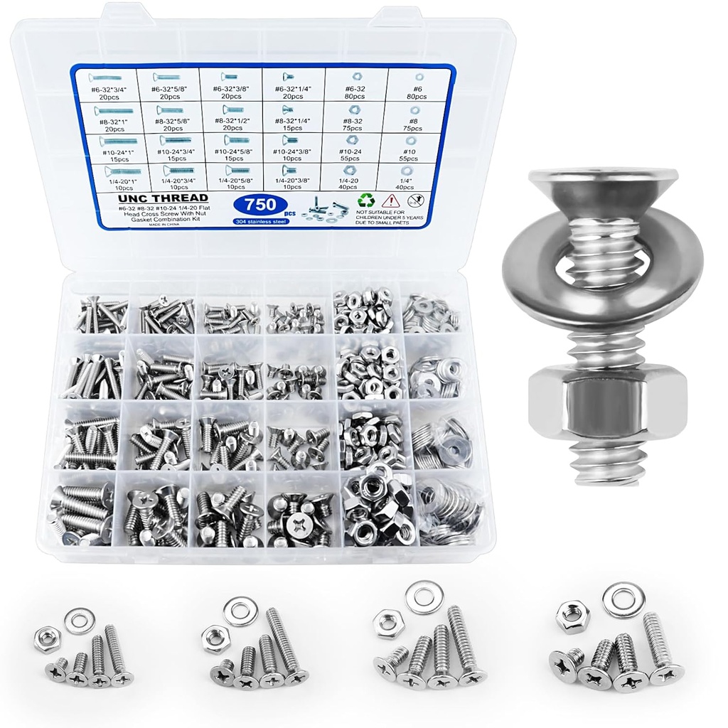 750PCS Flat Head Nuts and Bolts Assortment Kit, #6-32#8-32#10-24 1/4-20 Stainless Steel Machine Screw Assortment Kit, 304 Stainless Steel Assorted Bolts and Nuts Kit with Flat Washers