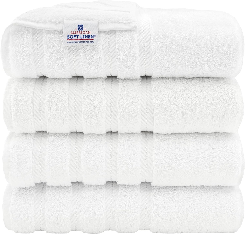 American Soft Linen Luxury 4 Piece Bath Towel Set, 600 GSM 100% Cotton Turkish Bath Towels for Bathroom, 27x54 in Extra Large Bathroom Shower Towels, White