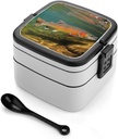 Brook Trout Fly Fishing Bento Box Adult Lunch Box All-in-One Lunch Containers with Removable Compartments Double Layer Bento Lunch Box with Spoon And Handle Stackable Lunchbox