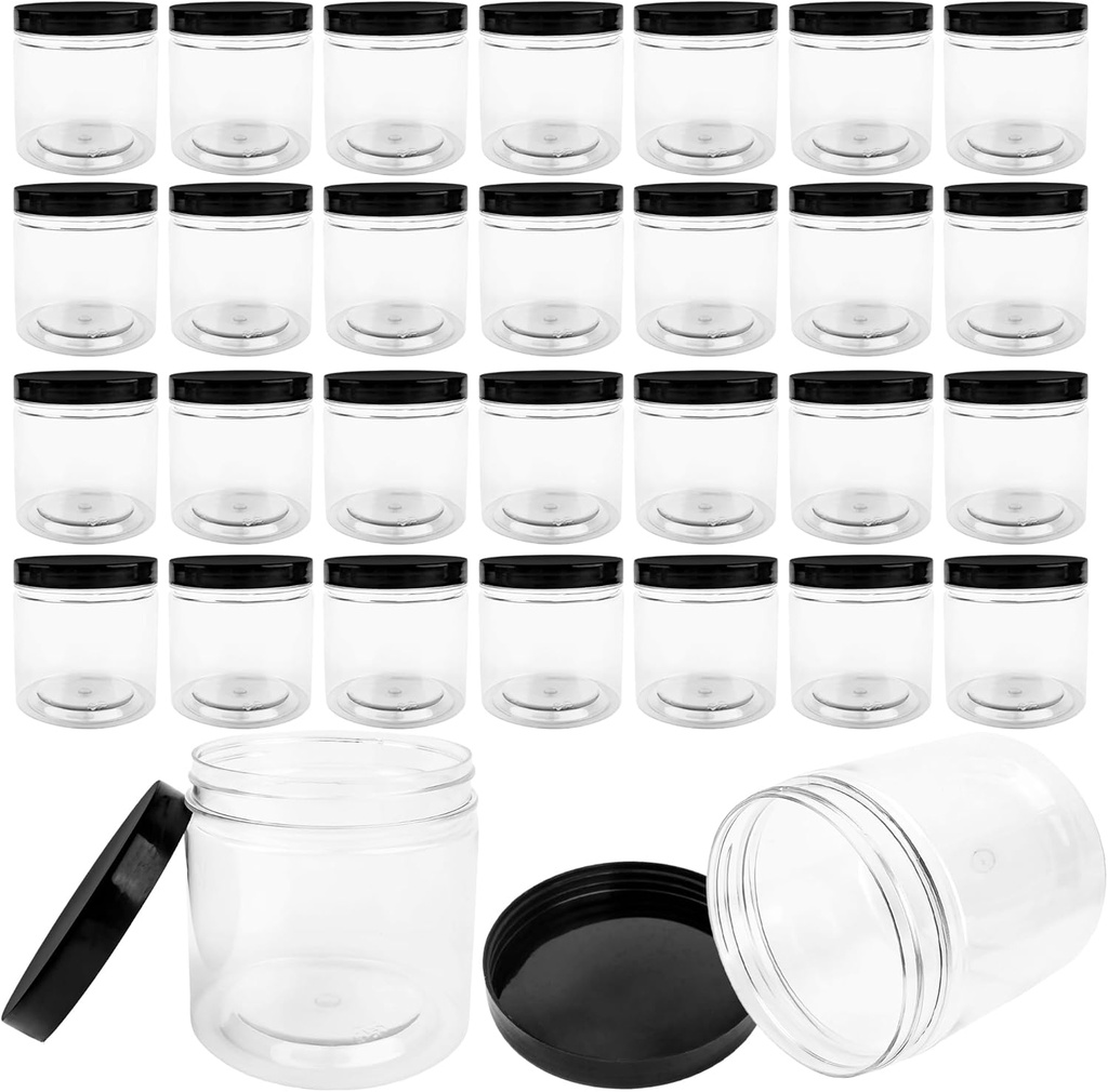 30 Pack 12oz Clear Plastic Jars with Black Lids - Round, Flip Top, Food Grade, Reusable, Kitchen & Pantry Storage Containers for Spices, Candy, Coffee, Cereal & More