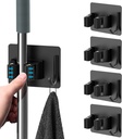 Mop Broom Holder No Drill, Mop Broom Organizer Wall Mounted Heavy Duty with Hooks Hanger, Self Adhesive Stainless Steel 4Pcs for Bathroom, Kitchen, Office (Black)