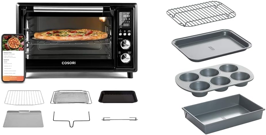 Cosori Air Fryer Toaster Oven Combo Smart 12-in-1 Countertop Dehydrator & Chicago Metallic 8044 Non-Stick Toaster Oven Set, 4-Piece