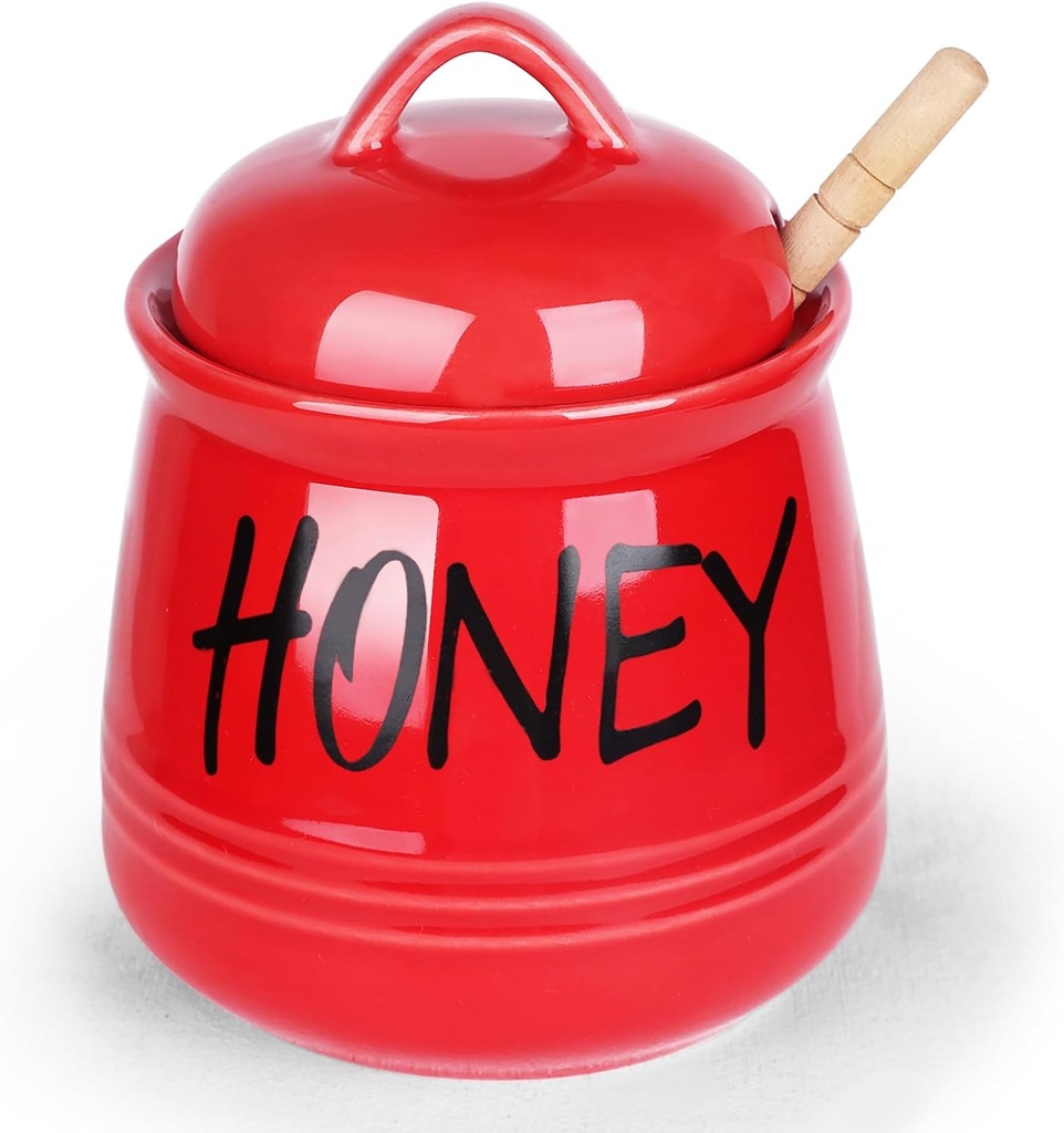 HAOTOP Porcelain Honey Jar with Lid and Honey Dipper 12 oz (Red)