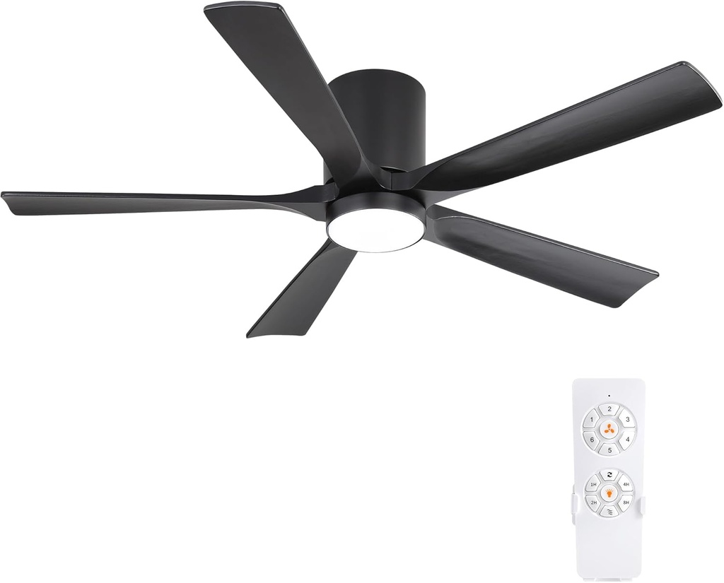 ELEHINSER 52 inch Low Profile Ceiling Fan with Light, 5 Solid Wood Blades, 6-Speeds, Quiet DC Motor, Timer, Flush Mount Modern Ceiling Fan with Remote for Living Room Bedroom, Black