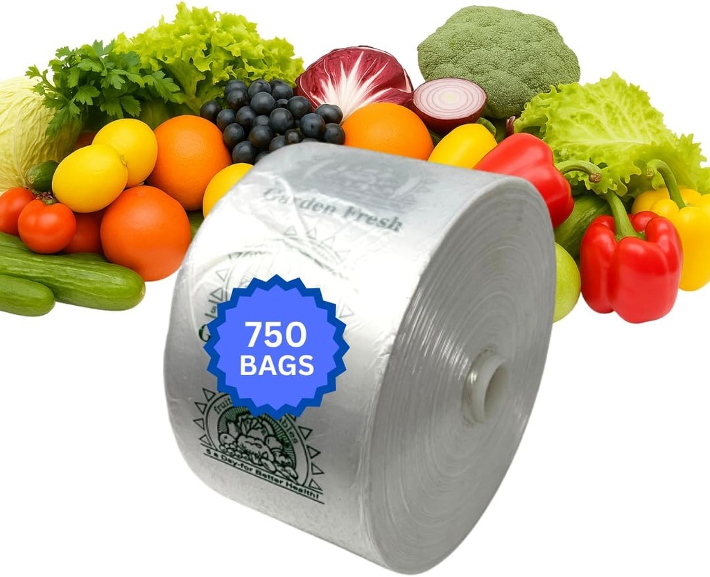 Clear Produce Bags Roll - 750 Bags - 15"x20" – (1 Roll, 8 Microns) – for Grocery, Small Business, Reusable Produce Use, Food & Storage Needs, Garden Fresh, Narrow Profile, Kitchen Use
