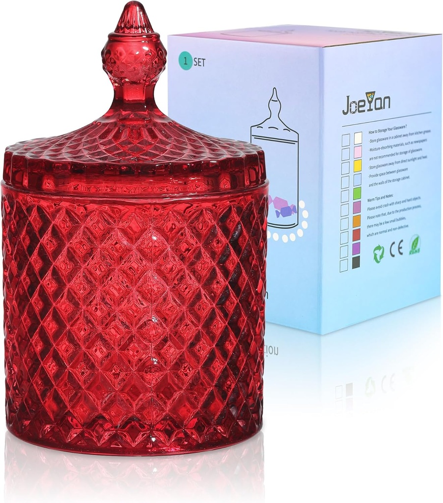 Joeyan 18 oz Red Glass Jars with Lid,Embossed Candy Dishes,Diamond Faceted Glass Food Container,Decorative Jewelry Box Canisters,Colored Kitchen Bathroom Storage Organizer,Gifts for Wedding Buffet