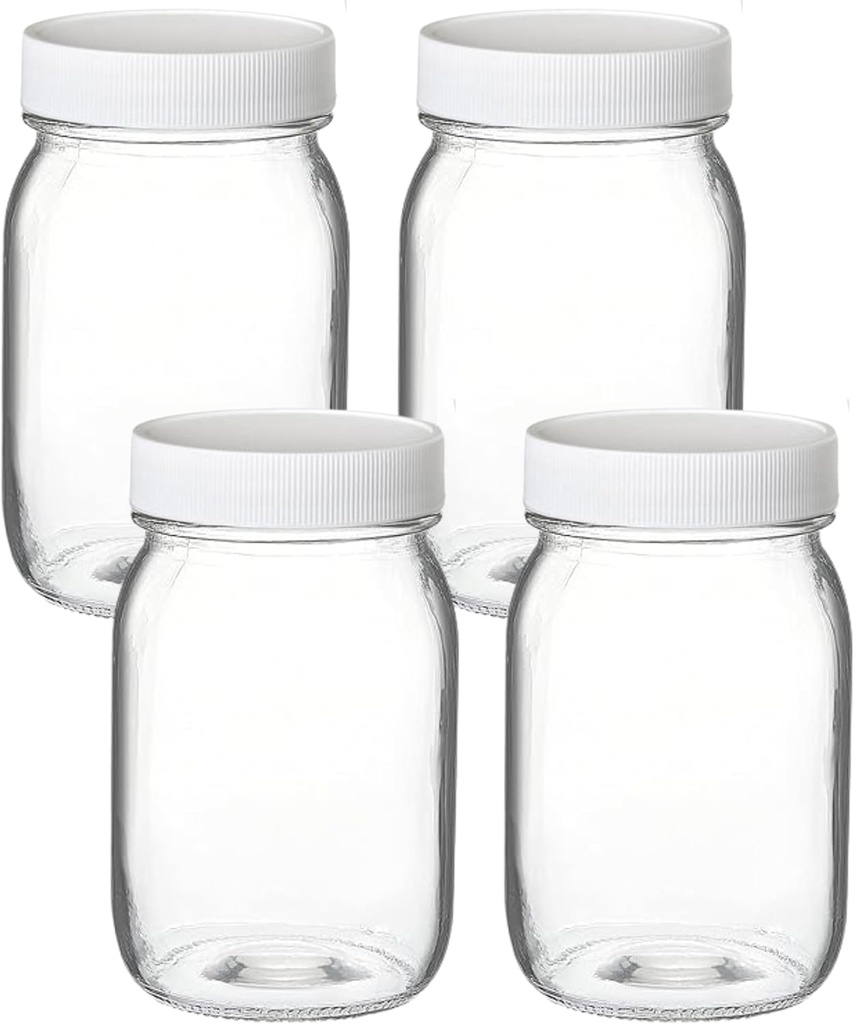 PR1M3 Mason Jars 16 oz Regular Mouth (4 Pack) Clear Glass with Plastic Lids for Sealing, Canning Jars for Food Storage, Overnight Oats, Dry Food, Snacks, Candies, DIY Project.