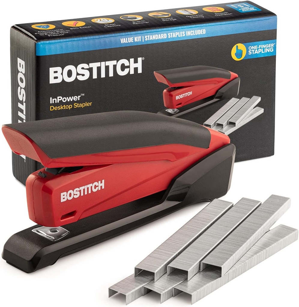 Bostitch Stapler - InPower, One Touch Heavy Duty Red Office Stapler with Built-in Staple Remover, 20 Sheet Capacity, 1260 Staples Included