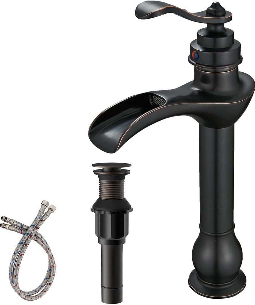 BWE Vessel Sink Faucet Oil Rubbed Bronze Bathroom Faucet with Pop Up Drain Assembly and Supply Hose Single-Handle Single Hole Tall Bathroom Faucet Vanity Lavatory Mixer Tap Tall Body