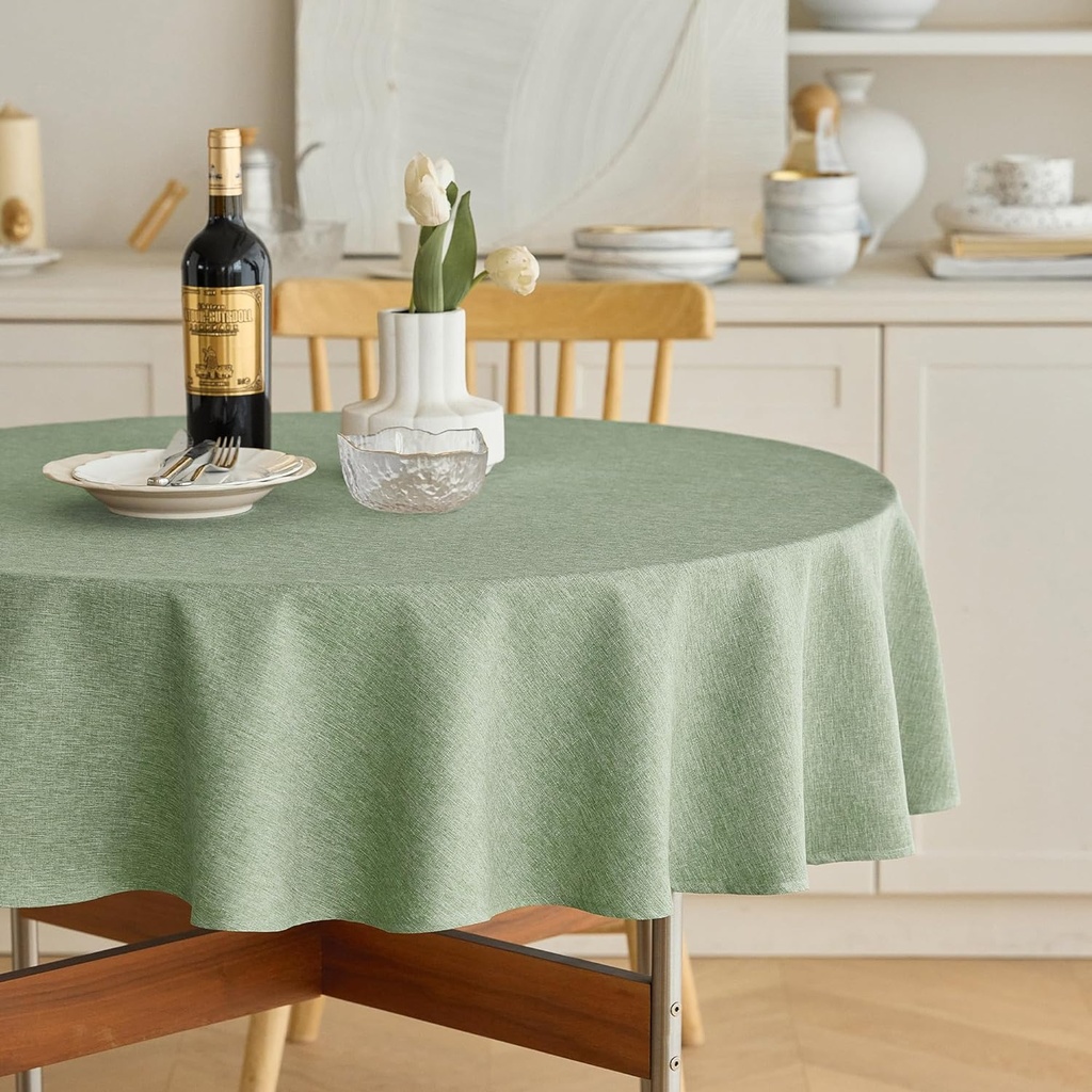 Faux Linen Round Tablecloths 60 inch, Waterproof Decorative Washable Texture Rustic Circle Table Cloth Cover for Dining Kitchen Party Farmhouse Outdoor(60 Inch,Round (2-4 Seats),Sage Green)