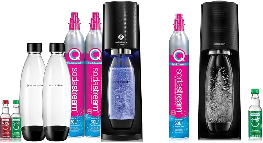 SodaStream E-TERRA Sparkling Water Maker Bundle (Black), with CO2, Carbonating Bottles & Terra Sparkling Water Maker (Black) with CO2, DWS Bottle and Bubly Drop, Battery Powered