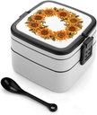 Sunflower Wreath Bento Box Adult Lunch Box All-in-One Lunch Containers with Removable Compartments Double Layer Bento Lunch Box with Spoon And Handle Stackable Lunchbox