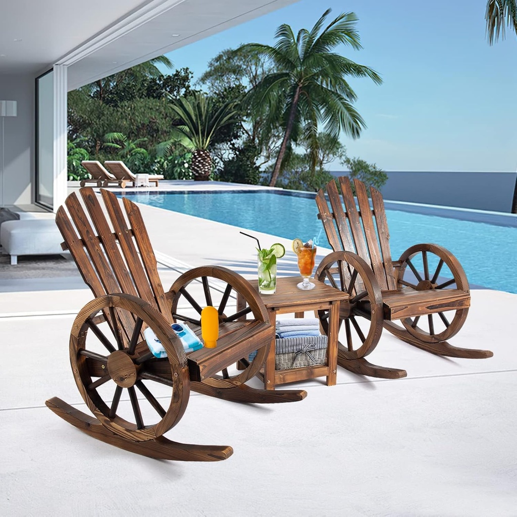 3 PCs Patio Rocking Chair Set, Outdoor Wooden Rocker Bistro Set with Coffee Table Wagon Wheel Rustic Chairs for Garden Country Yard