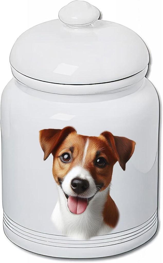 Best of Breed Jack Russell Dog and Cat Ceramic Treat Jar 9" Tall Air Tight Seal All White