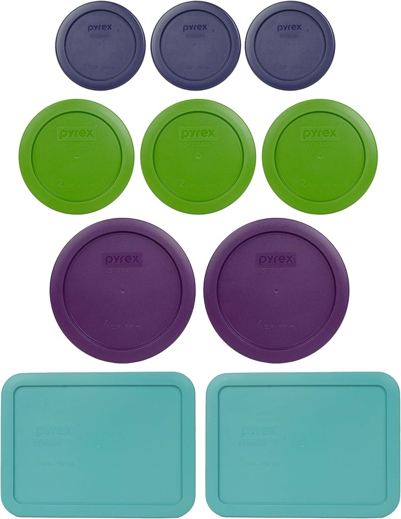 Pyrex (3) 7202 1-Cup Dark Blue, (3) 7200 2-Cup Lawn Green, (2) 7201 4-Cup Purple, & (2) 7210 3-Cup Turquoise - Made in USA