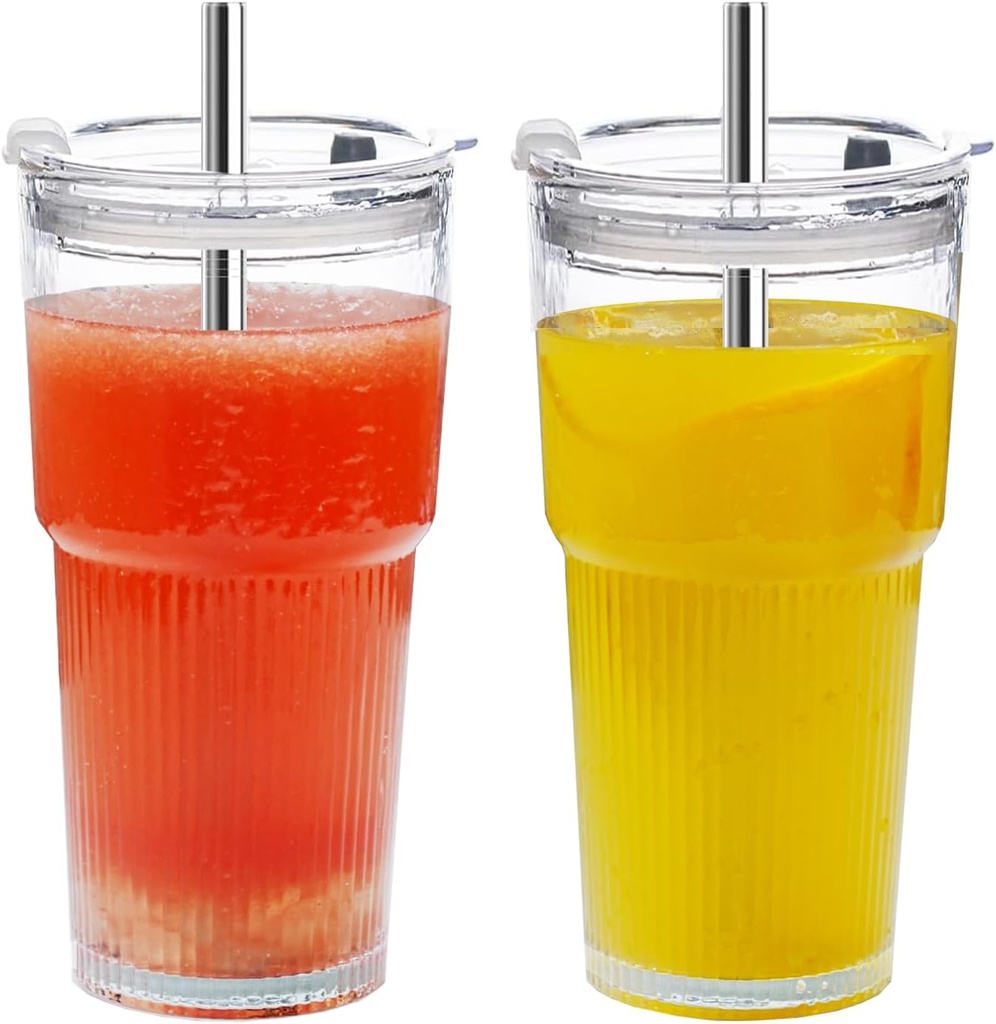 Glass Cups with Lids and Straws, Iced Coffee Cups with Lids,Stylish Ribbed Design Glass Coffee Cups, Drinking Glasses for Iced Coffee,Smoothies,Tea,Juice,Leak-Proof, Ideal for Home and Outdoor Use