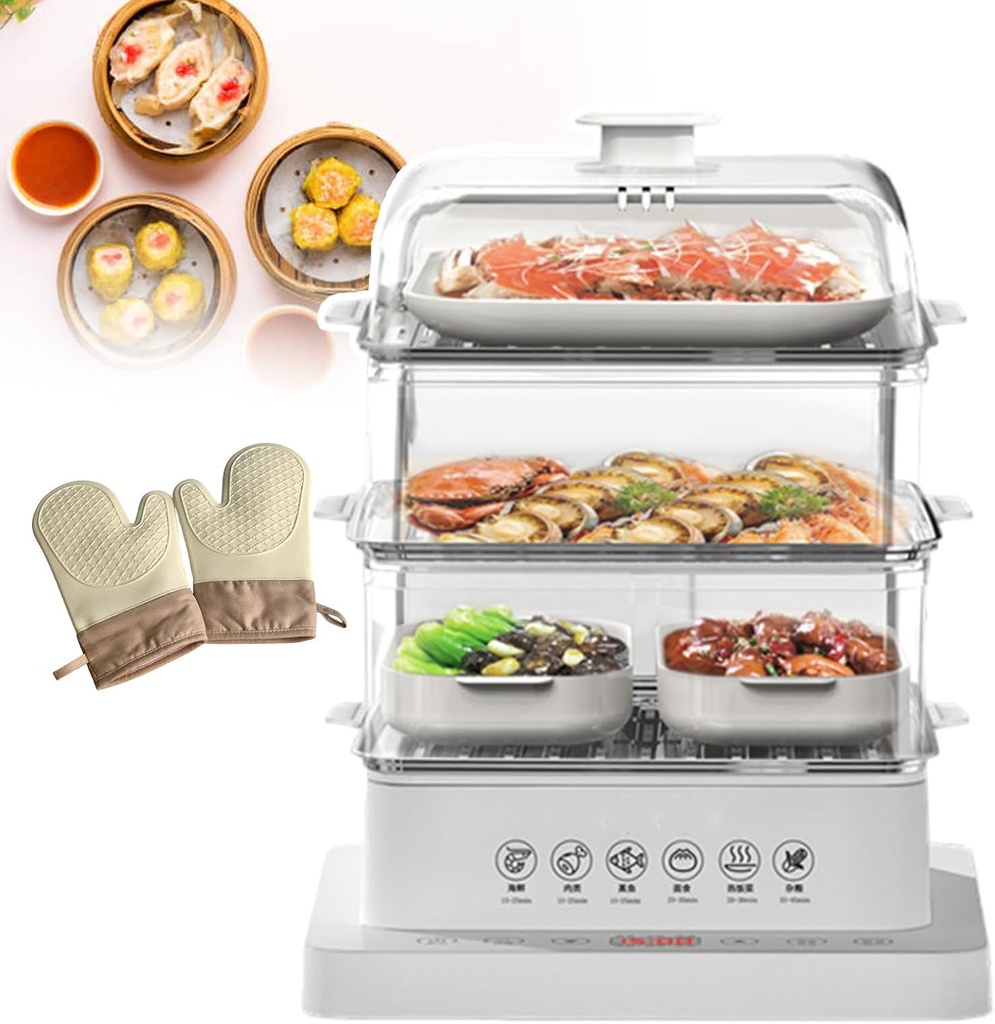 3 Tier Electric Food Steamer,Food Steamer,12 Hour Automatic Heat Preservation,Foldable,for Vegetables,Meats,with 3 Stainless Steel Steaming Plates,A Pair of Heat Insulating Gloves