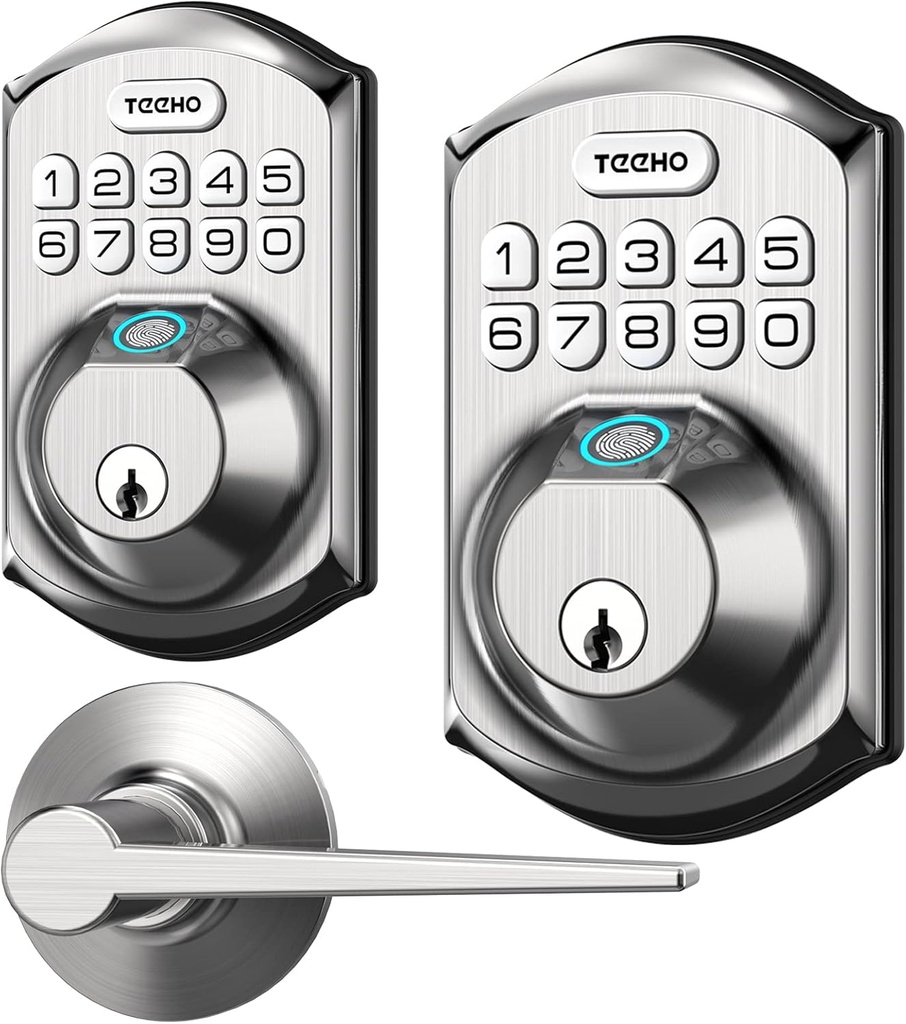 TEEHO Fingerprint Door Lock - Keyless Entry with 2 Lever Handles, Auto & 1 Touch Locking, Satin Nickel