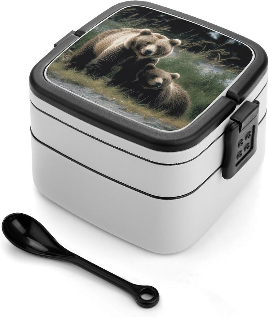A Mother And A Cub Bears Bento Box with Compartments Double Layer Bento Lunch Box with Spoon And Handle All-in-One Adult Lunchbox Leakproof Lunch Container for Work Picnic Travel
