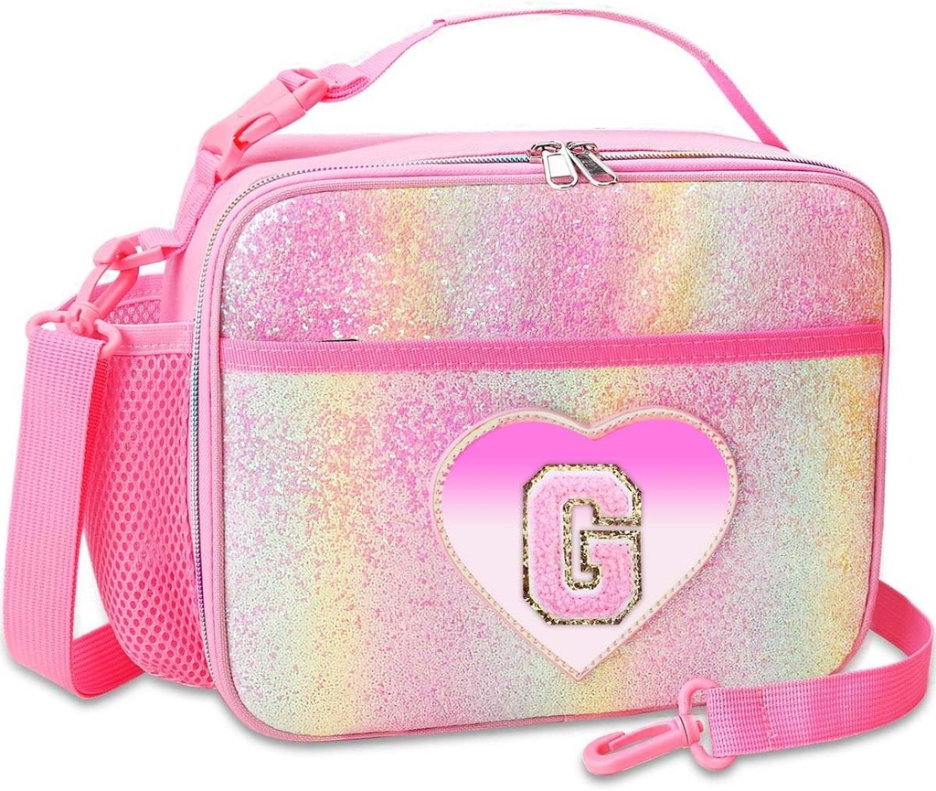 RHCPFOVR Kids Initial Lunch Bag - Insulated Lunch Box for Boys Girls,Washable Lunch Bag and Reusable Toddler Leak-proof Lunchbox for School and Daycare Pink G