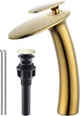 Wovier Shiny Polished Gold Waterfall Bathroom Faucet,Single Handle Single Hole Brass Lavatory Vanity Vessel Faucet,Slanted Body Basin Mixer Tap Tall Body with Supply Hose and Pop Up Drain Assembly