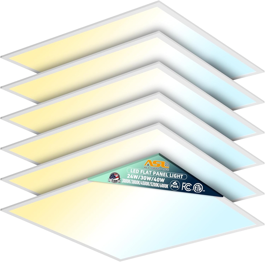 Allsmartlife 2x2 LED Flat Panel Light 6-Pack, Dimmable, 5CCT Options (3000K-6000K), 24W/30W/40W, Back-Lit 2x2FT LED Troffer Light Drop Ceiling for Commercial Office, ETL