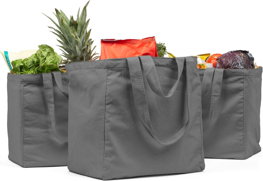 VeraMia Canvas Grocery Bag 3pc XL Set with Real Pockets, Long Shoulder Strap and Short Handle. Heavy Duty, Foldable, Washable