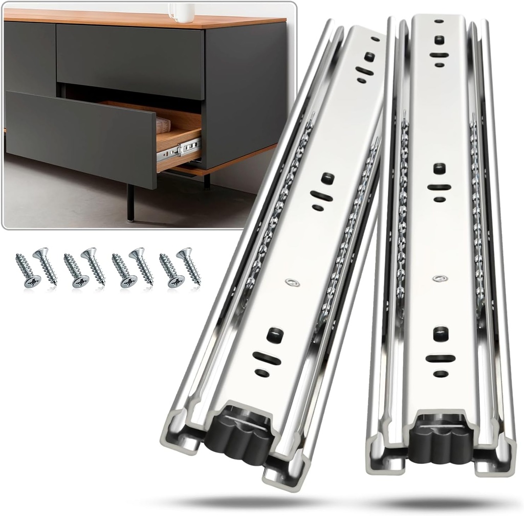 Drawer Slides Ball Bearing 3 Folds Full Extension Side Mount Cabinet Runners Glides Rails Track 100 Lbs Load 10 12 14 16 18 20 22 24 Inch Silver (1 Pair (Silver), 12 inch)