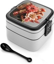 Bouquet of Flowers Bento Box with Compartments Double Layer Bento Lunch Box with Spoon And Handle All-in-One Adult Lunchbox Leakproof Lunch Container for Work Picnic Travel