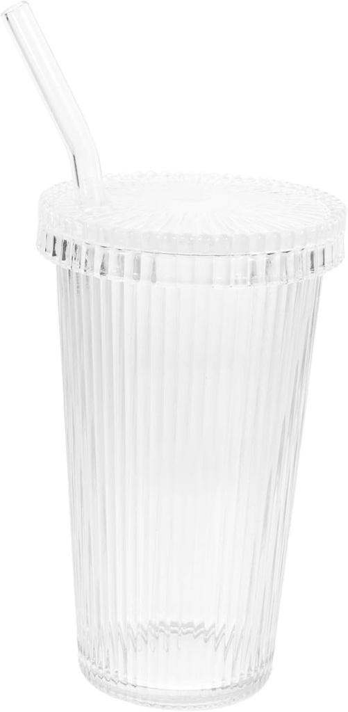 Unomor Glass Drinking Cup Lid and Straw Vertical Stripe Design Capacity Reusable Beverage Glass for Iced Coffee Tea and Juice for