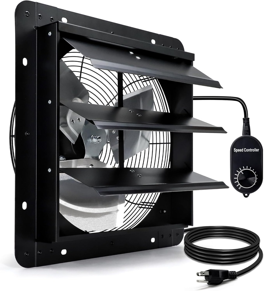 14 Inch Shutter Exhaust Fan for Greenhouse, Shed, Garage, Barn, Chicken Coop Ventilation, 1088 CFM High Power Wall Mount Attic Fan with Speed Controller and Power Cord, Black